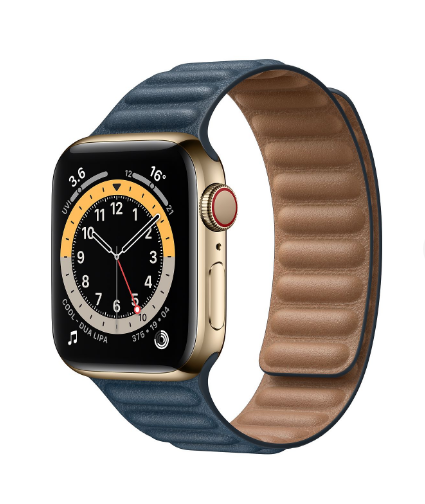 Apple Watch Series 6 金色不锈钢表壳；皮制链式表带