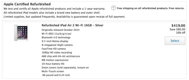 官翻版iPad Air 2在美开售 仅需419美元 