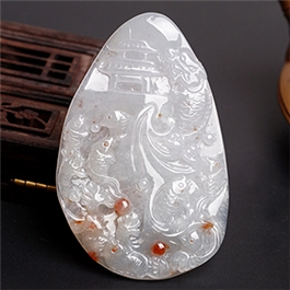 天然翡翠掛件-老坑冰糯種水潤晶瑩精工浮雕魚躍龍門