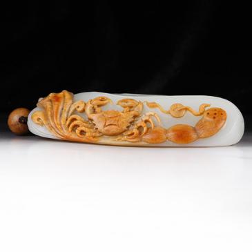 陳紅湖作品新疆天然和田玉羊脂玉籽料把件八方來財配掛繩玉雕大師收藏