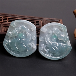 天然翡翠對佩掛件--老坑冰糯種淺綠潤澤晶瑩子岡牌對佩封侯拜相