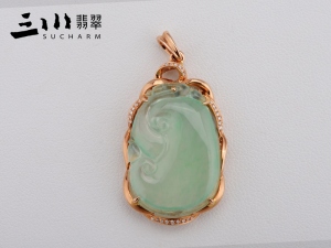 18K玫瑰金鉆石冰種天然A貨翡翠如意吊墜