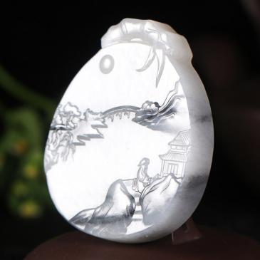羅永東大師作品和田玉墨玉掛件風(fēng)景牌精雕吊墜