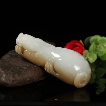 周雁明大師作品和田玉糖白玉手把件貔貅精雕把件