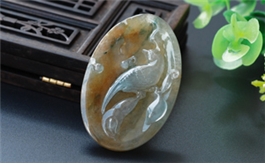 天然翡翠掛件--老坑冰種黃翡飄藍花立體浮雕喜上眉梢