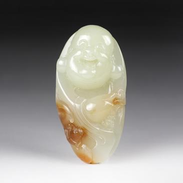 新疆天然和田玉青白玉掛件佛35.19g專柜正品附帶證書一口價