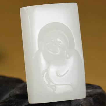 老山玉器仵朋合大師新疆和田玉羊脂白玉掛件彌勒佛精雕吊墜