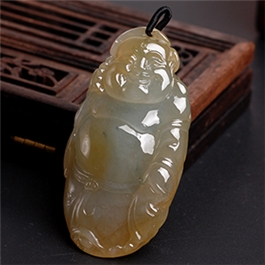 天然翡翠掛件--老坑冰種黃翡飄花水潤晶瑩雙面立體精雕逍遙佛