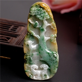 天然翡翠掛件--老坑糯種淺綠黃翡雙色交輝精雕三羊開泰