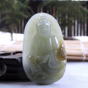 天然新疆和田玉青白帶糖如意觀音玉佩/和田玉青白玉糖色觀世音菩薩牌子掛件/和田玉觀音項墜/玉緣軒正品