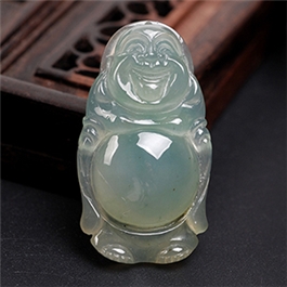 天然翡翠掛件--老坑冰種淺綠細膩潤澤雙面精雕逍遙佛