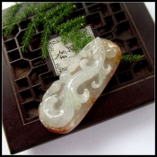 正品純天然緬甸a貨翡翠玉帶皮雙色螭龍玉佩吊墜/玉緣軒正品