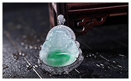 18K白金鑲鉆石翡翠掛件--極品老坑冰種飄陽綠花奢華鑲嵌笑彌勒