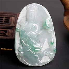 天然翡翠掛件--老坑冰糯種淺綠飄花細潤晶瑩光啞工藝精雕觀音