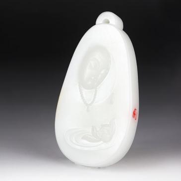 陶虎作品新疆天然和田玉白玉籽料牌觀音81.59g玉雕大師收藏