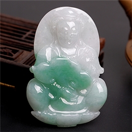 天然翡翠掛件--老坑糯種翠綠飄花雙面精雕蓮座觀音
