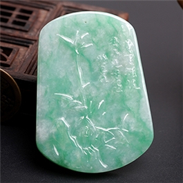 天然翡翠掛件--老坑糯種淺綠飄花精致浮雕蘭竹子岡牌