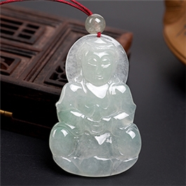天然翡翠掛件--老坑冰種淺綠均色瑩潤細膩精雕觀音