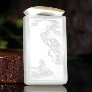 老山玉器周雁明大師作品和田玉羊脂白玉牌風(fēng)景牌精雕吊墜