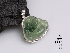 18K白金冰種飄藍花天然A貨翡翠佛公吊墜