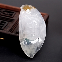 天然翡翠掛件--老坑冰種淺黃翡飄花瑩潤細膩精雕觀音頭像