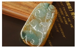 天然翡翠掛件--老坑冰種黃翡伴藍綠潤澤晶瑩雙面精雕福壽雙全