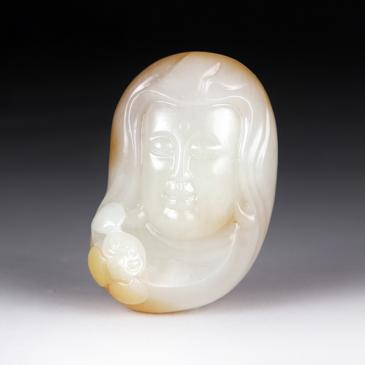 周雁明作品新疆天然和田玉糖白玉掛件觀音玉雕大師收藏