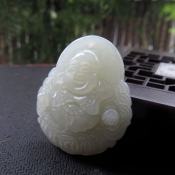 精美大氣天然和田玉青白玉金錢佛掛件