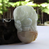 精品緬甸翡翠淡綠帶黃翡俏色如意笑佛/玉佛掛件/玉石佛公牌子