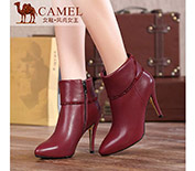 Camel駱駝女鞋優雅性感短靴水染牛皮燙鉆尖頭高跟女靴A54092608