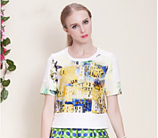 Camel骆驼女装2015春季新款女士时尚芊艺圆领白色印花图案短袖T恤C5ADW0026