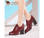Camel駱駝通勤優雅女鞋2015秋季新款水染牛皮尖頭系帶粗高跟女單鞋53196621