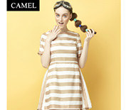 Camel駱駝女裝2015夏季新款時(shí)尚撞色條紋圓領(lǐng)短袖A字連衣裙C5BLY0406