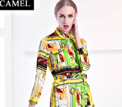 Camel駱駝女裝2015春裝新款歐美簡約印花襯衫長袖修身雪紡衫打底衫C5ALY0051