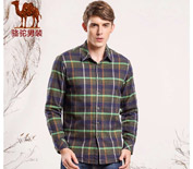Camel駱駝男裝2015新款秋季純棉修身格子尖領長袖襯衫休閑襯衣F5C264194