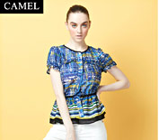 Camel駱駝女裝2015夏新款荷葉邊泡泡袖歐根紗印花修身短袖t恤上衣C5BSY0330