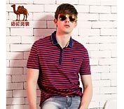 Camel駱駝男裝2015春季新款男士日常休閑條紋襯衫領(lǐng)短袖T恤X5B024082
