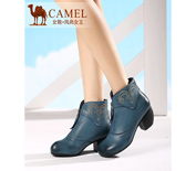 Camel駱駝時尚舒適女鞋2015秋季新款頭層打蠟羊皮圓頭高跟前拉鏈粗跟女靴53033605