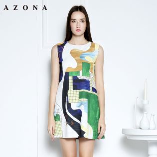 2016时尚艺术感撞色抽象印花修身连衣裙A1R1B0111DR