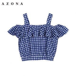 2016時尚復古范格紋荷葉邊露肩上衣女夏新款A1R2D0391BL