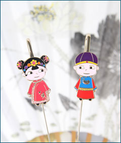 唐馬仕景泰藍金屬書簽唐裝福娃對裝