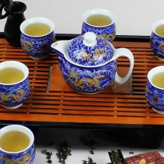 景德镇7头蓝海龙骨瓷茶具防烫茶具套装蓝,红,黄三款选择