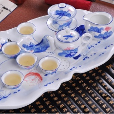 景德镇14头连年有余茶具正品手绘骨瓷功夫茶具套装带茶盘