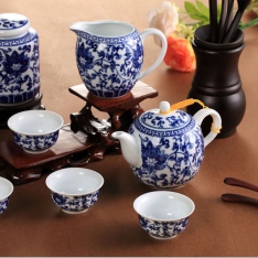 景德鎮9頭青花纏枝蓮高檔功夫茶具帶茶葉罐