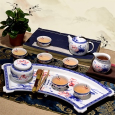 景德鎮12頭艷紅荷花茶具青花禮品茶具套裝