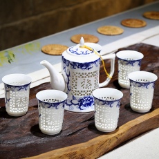 景德鎮7頭青花玲瓏瓷陶瓷茶具套裝特色禮品【福滿天下】