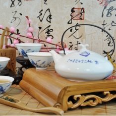 景德鎮7頭鷺棲青花普洱茶茶具套裝