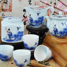 景德鎮9頭青花釉里紅精品高檔陶瓷茶具套裝