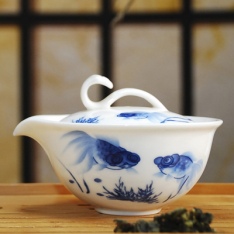 景德鎮7頭對吻魚青花骨瓷普洱茶茶具