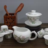 8頭手繪粉彩蘭花茶具